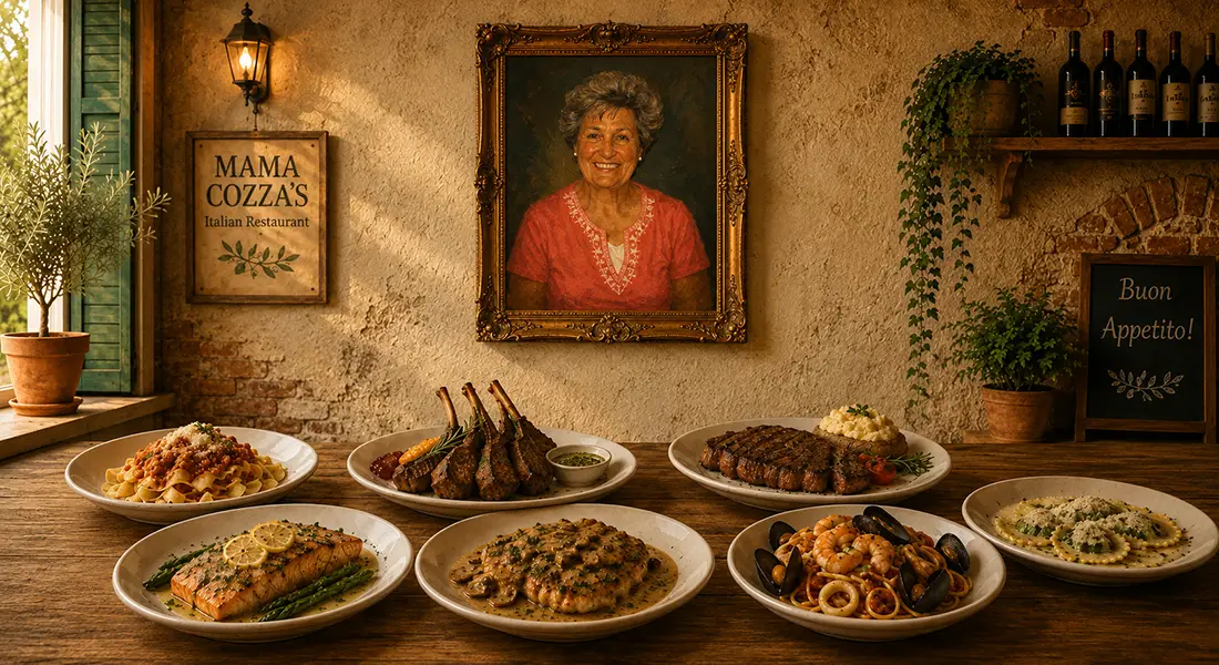 Illustration of appetizers and Mama Cozza&rsquo;s Italian Restaurant